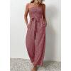 imagechouyatou Womens Summer Boho Strapless Smocked Tube Top Jumpsuits Tie Knot Wide Leg Romper PantsWine Red