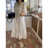 imagechouyatou Womens Summer Puff Sleeve Button Down Lace Eyelet Dress Hollow Out Floral Embroidery Midi DressBeige