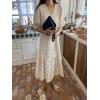 imagechouyatou Womens Summer Puff Sleeve Button Down Lace Eyelet Dress Hollow Out Floral Embroidery Midi DressBeige