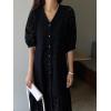 imagechouyatou Womens Summer Puff Sleeve Button Down Lace Eyelet Dress Hollow Out Floral Embroidery Midi DressBlack