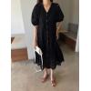 imagechouyatou Womens Summer Puff Sleeve Button Down Lace Eyelet Dress Hollow Out Floral Embroidery Midi DressBlack