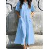 imagechouyatou Womens Summer Short Sleeve Button Down Shirt Dress ALine Flared Maxi Long Beach Casual DressBlue