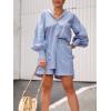 imagechouyatou Womens Two Piece Outfit Long Sleeve Stripe Print Button Down Shirt and Mini Shorts SetBlue