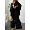 imagechouyatou Womens Two Piece Outfits Open Front Shirt and Elastic Waist Pant Lounge Pajamas SetsBlack