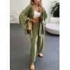 imagechouyatou Womens Two Piece Outfits Open Front Shirt and Elastic Waist Pant Lounge Pajamas SetsGreen