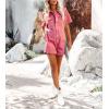 imagechouyatou Womens Vintage Distressed Short Sleeve Zip Up Denim Jean Utility Jumpsuit Romper ShortsHot Pink