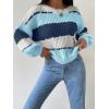 imagechouyatou Womens Warm Color Block Striped Knit Loose Casual Pullover Loose Oversized Sweater Jumper TopBlue