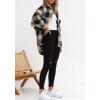 imagechouyatou Womens Winter Fuzzy Sherpa Jacket Boyfriend Fleece Color Block Plaid Button Down Shacket CoatBrown