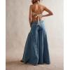 imagechouyatou Womens Y2k Baggy Jeans Boyfriend Culotte Jeans Flare Wide Leg Loose Denim Pants with PocketsDark Blue