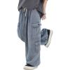 imagechouyatou Mens Wide Leg Baggy Denim Pants Drawstring Elastic Waist Y2k Street Cargo Jeans with PocketsBlue