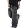 imagechouyatou Mens Wide Leg Baggy Denim Pants Drawstring Elastic Waist Y2k Street Cargo Jeans with PocketsGray