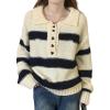 imagechouyatou Women Polo Collar 14 Button Color Block Striped Knit Loose Casual Pullover Sweater Jumper TopBeige