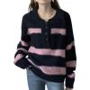 imagechouyatou Women Polo Collar 14 Button Color Block Striped Knit Loose Casual Pullover Sweater Jumper TopPink