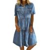 imagechouyatou Women Summer Casual Button Down Midi Denim Shirt Dress Cute Distressed Tiered Ruffle Jean DressDark Blue