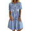 imagechouyatou Women Summer Casual Button Down Midi Denim Shirt Dress Cute Distressed Tiered Ruffle Jean DressLight Blue