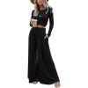 imagechouyatou Womens 2 Piece Outfits Rib Knit Long Sleeve Crop Top Sweater Wide Leg Pants Matching SetsBlack