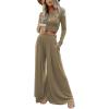 imagechouyatou Womens 2 Piece Outfits Rib Knit Long Sleeve Crop Top Sweater Wide Leg Pants Matching SetsKhaki