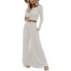 imagechouyatou Womens 2 Piece Outfits Rib Knit Long Sleeve Crop Top Sweater Wide Leg Pants Matching SetsWhite