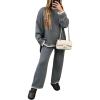 imagechouyatou Womens 2 Piece Outfits Ribbed Knit Set Pullover Sweater Wide Leg Pants Lounge SetsGrey