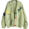 imagechouyatou Womens Cable Knit Embroidery Patchwork Cardigan V Neck Long Sleeve Open Front Button Down SweaterGreen