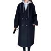 imagechouyatou Womens Fake 2 Piece Hooded Wool Blend Long Overcoat Notched Collar Double Breasted Pea CoatBlack