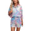 imagechouyatou Womens Floral Print 2 Piece Outfits 34 Sleeve Button Down Oversized Shirt and Shorts SetPink Blue