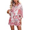 imagechouyatou Womens Floral Print 2 Piece Outfits 34 Sleeve Button Down Oversized Shirt and Shorts SetRed
