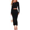imagechouyatou Womens Sexy Ribbed Knit Long Sleeve Sweater Crop Top and Back Slit Bodycon Long Skirt Sets 2 Piece OutfitsBlack