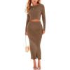 imagechouyatou Womens Sexy Ribbed Knit Long Sleeve Sweater Crop Top and Back Slit Bodycon Long Skirt Sets 2 Piece OutfitsBrown