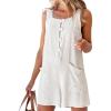imagechouyatou Womens Square Neck Button Up Wide Leg Jumpsuit Sleeveless Cotton Linen Romper Shorts with PocketsApricot