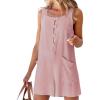 imagechouyatou Womens Square Neck Button Up Wide Leg Jumpsuit Sleeveless Cotton Linen Romper Shorts with PocketsPink