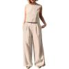 imagechouyatou Womens Summer 2 Piece Outfits Vacation Linen Sleeveless Tank Top Wide Leg Pant SetsKhaki