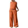 imagechouyatou Womens Summer 2 Piece Outfits Vacation Linen Sleeveless Tank Top Wide Leg Pant SetsOrange