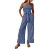 imagechouyatou Womens Summer Boho Strapless Smocked Tube Top Jumpsuits Tie Knot Wide Leg Romper PantsBlue