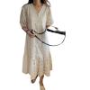 imagechouyatou Womens Summer Puff Sleeve Button Down Lace Eyelet Dress Hollow Out Floral Embroidery Midi DressBeige