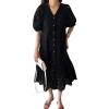 imagechouyatou Womens Summer Puff Sleeve Button Down Lace Eyelet Dress Hollow Out Floral Embroidery Midi DressBlack