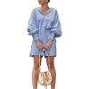 imagechouyatou Womens Two Piece Outfit Long Sleeve Stripe Print Button Down Shirt and Mini Shorts SetBlue