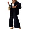 imagechouyatou Womens Two Piece Outfits Open Front Shirt and Elastic Waist Pant Lounge Pajamas SetsBlack