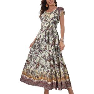 imageOSTOO Womens 2025 Summer Short Sleeves Boho Floral Print Tiered Casual Flowy Long Maxi DressApricot Cashew Floral