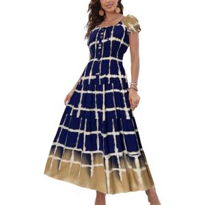 imageOSTOO Womens 2025 Summer Short Sleeves Boho Floral Print Tiered Casual Flowy Long Maxi DressBlue Plaid Gradient