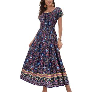imageOSTOO Womens 2025 Summer Short Sleeves Boho Floral Print Tiered Casual Flowy Long Maxi DressDark Blue
