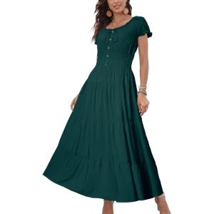 imageOSTOO Womens 2025 Summer Short Sleeves Boho Floral Print Tiered Casual Flowy Long Maxi DressDark Green
