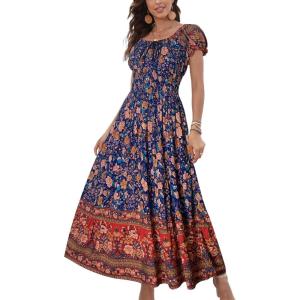 imageOSTOO Womens 2025 Summer Short Sleeves Boho Floral Print Tiered Casual Flowy Long Maxi DressDeep Blue Flowers