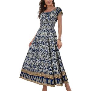 imageOSTOO Womens 2025 Summer Short Sleeves Boho Floral Print Tiered Casual Flowy Long Maxi DressFloral Blue
