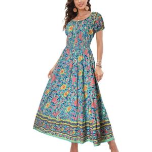 imageOSTOO Womens 2025 Summer Short Sleeves Boho Floral Print Tiered Casual Flowy Long Maxi DressFloral Green