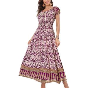 imageOSTOO Womens 2025 Summer Short Sleeves Boho Floral Print Tiered Casual Flowy Long Maxi DressFloral Purple