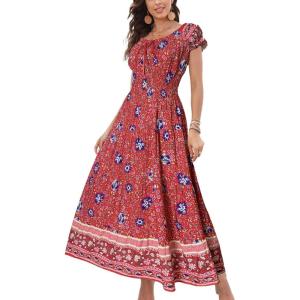 imageOSTOO Womens 2025 Summer Short Sleeves Boho Floral Print Tiered Casual Flowy Long Maxi DressFloral Red