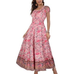 imageOSTOO Womens 2025 Summer Short Sleeves Boho Floral Print Tiered Casual Flowy Long Maxi DressFlowers Pink