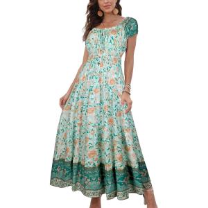 imageOSTOO Womens 2025 Summer Short Sleeves Boho Floral Print Tiered Casual Flowy Long Maxi DressGreen Flower