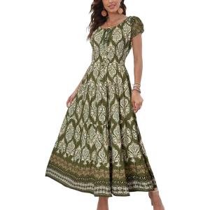 imageOSTOO Womens 2025 Summer Short Sleeves Boho Floral Print Tiered Casual Flowy Long Maxi DressGreen Flowers